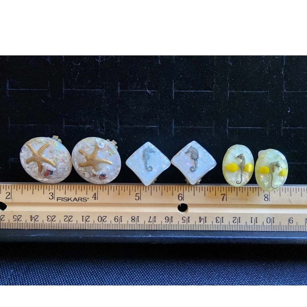 Vintage Lot Of 3 Vomit Bead Earring Sets Seahorse/Starfish Clip On